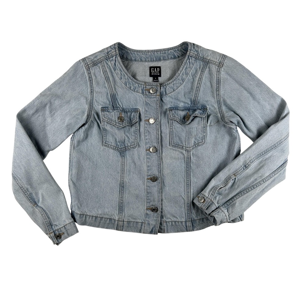 Gap Denim Jacket Womens Medium Light Wash Collarless Button Front Short Y2K